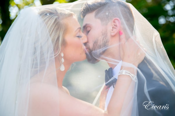 A bride and groom kiss under the cover of the bride's veil.