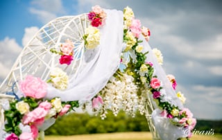 The archway that is set over the couple's beautiful kiss is covered in pink and white roses.