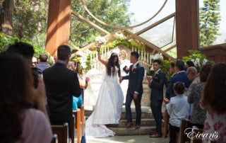 The bride raises her hand and bouquet in the air while celebrating their now sealed love.