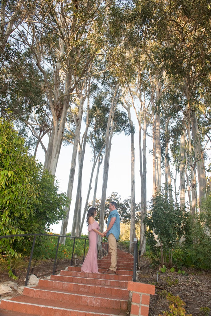 A couple faces one another on an outdoor, brick staircase surrounded by tall trees.