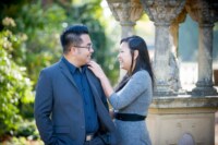 Noree & Dominic 10/20/18 A newly engaged couple smile and laugh with one another on a sunny day.