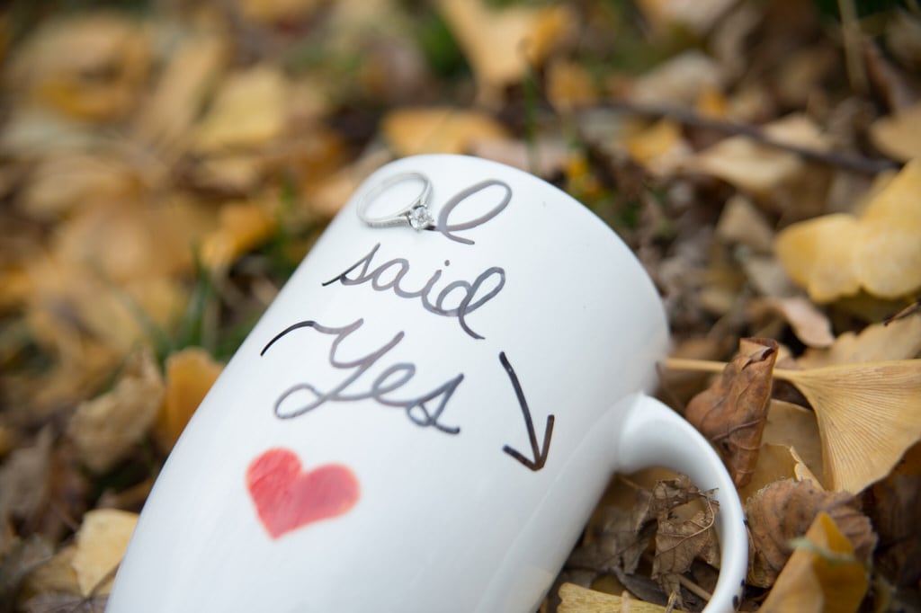 This fall photograph is personal yet also very romantic. There is a mug laying on a pile of soft yellow leaves with a handwritten message saying "I said Yes". That response was obviously associated with someone asking their true love to marry them.