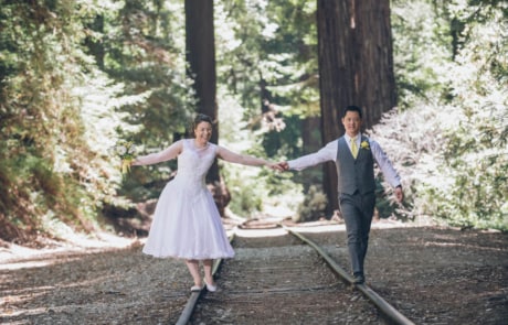 newlyweds walking on the traintrack, san francisco wedding photographer packages and pricing