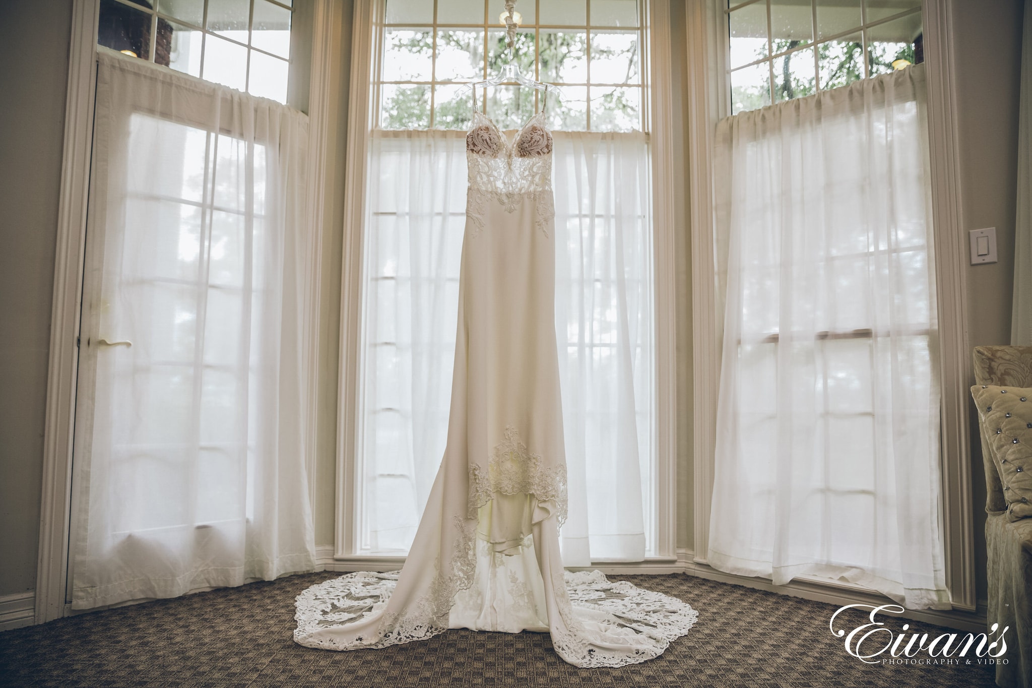 white floral lace wedding gown