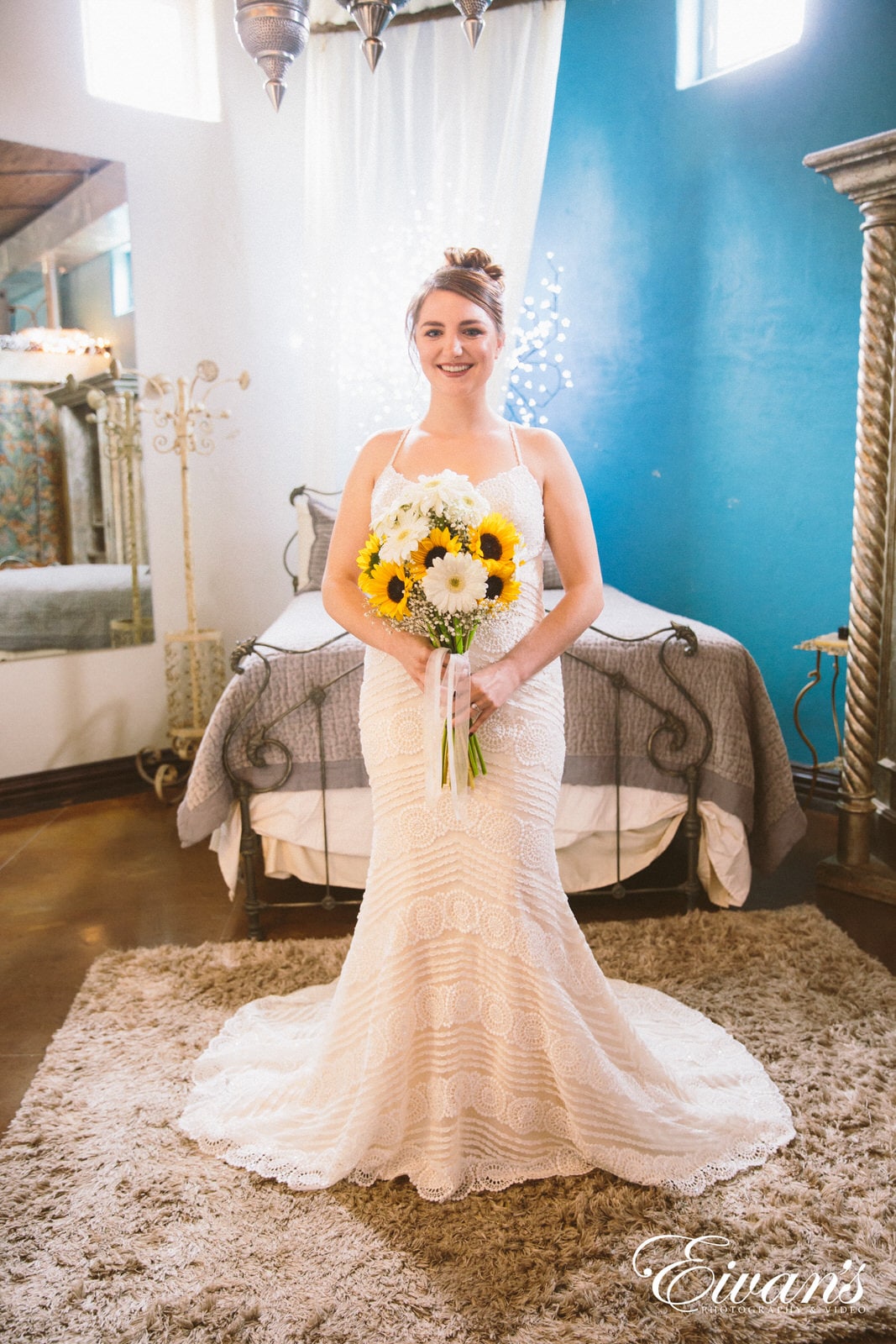 woman in white floral wedding dress