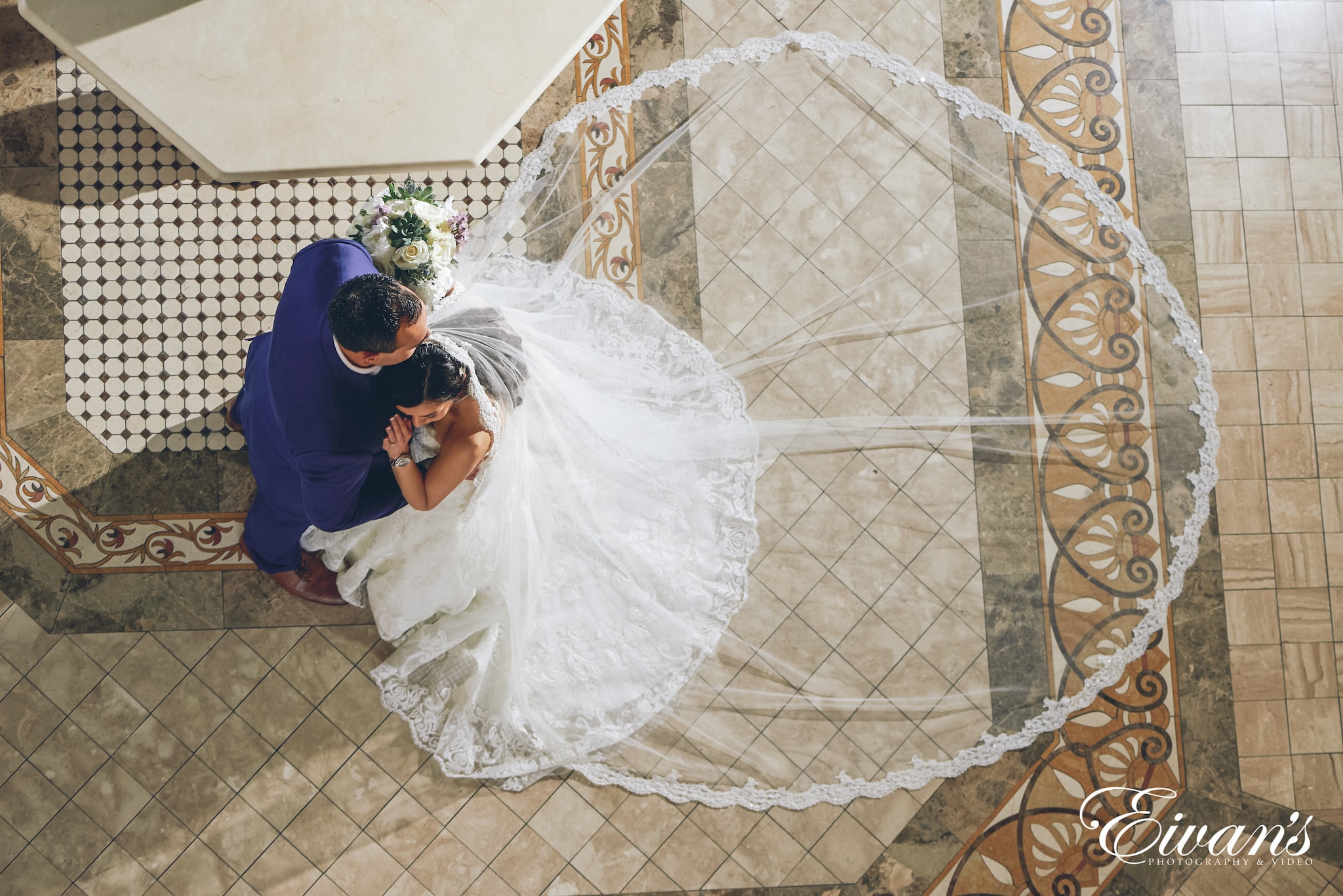 birdseye shot of bride and groom