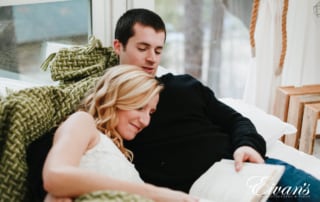 couple at home, sitting comfortable, during engagement photoshoot