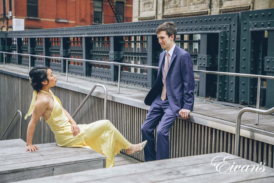 wedding couple wearing yellow and navy colors in new york city