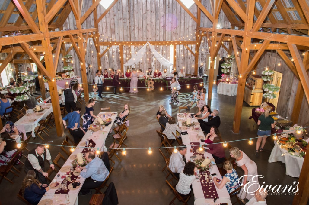 barn-wedding-photos overhead shot of a barn reception