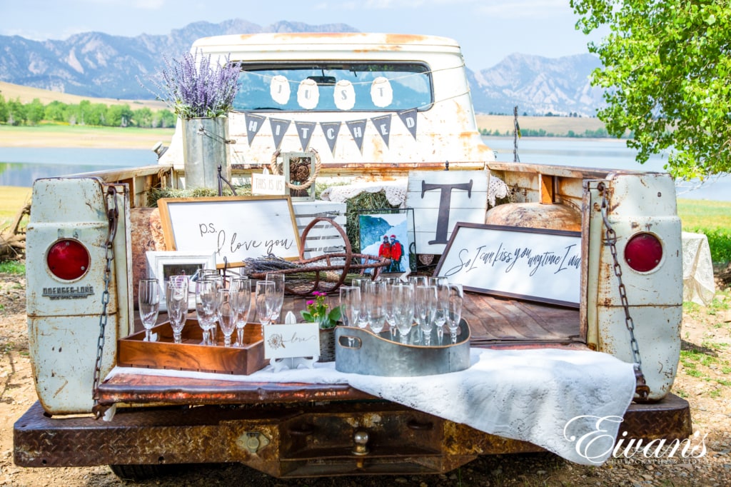 barn-wedding-photos image of the back of a pickup truck with props