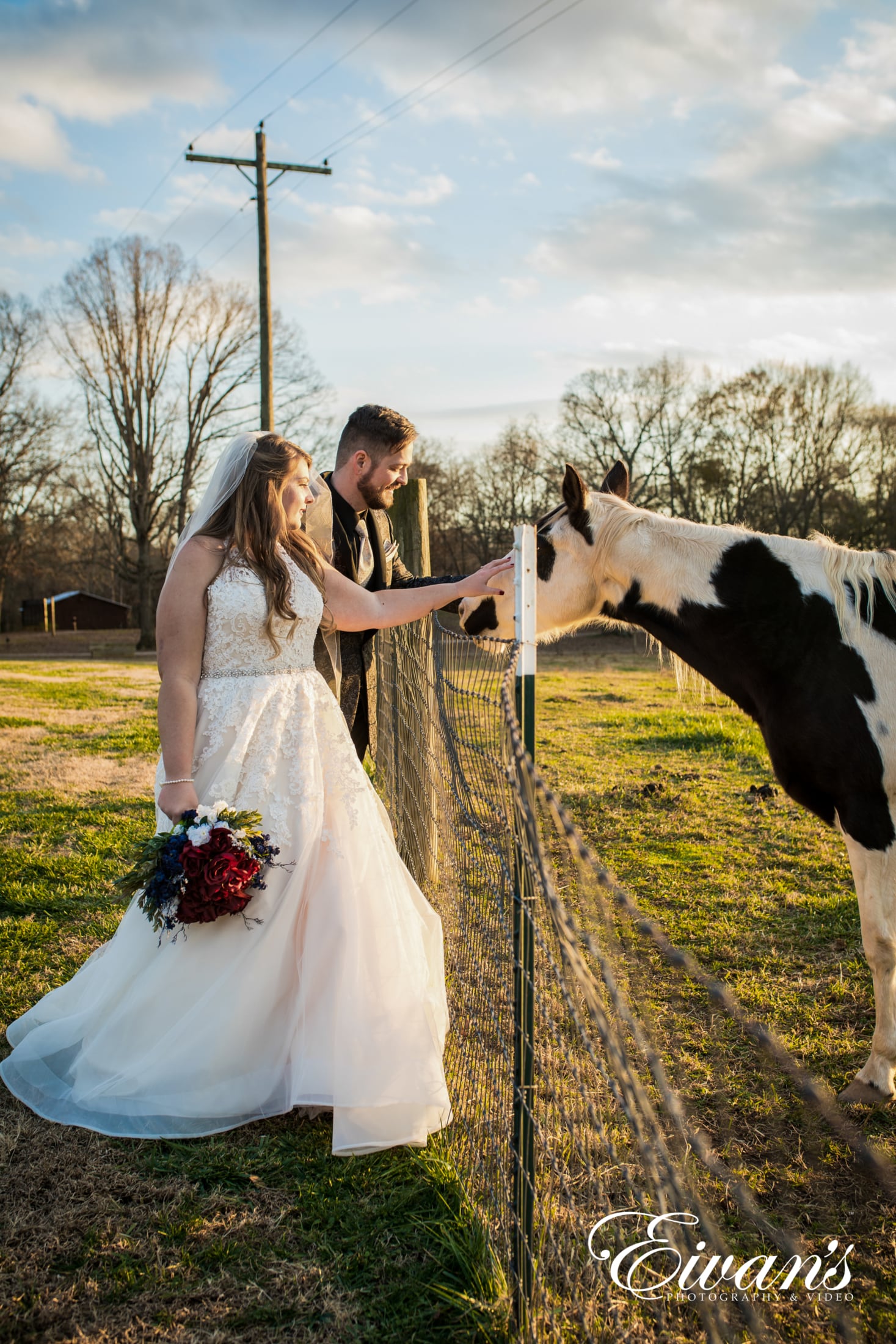 country chic wedding image of a married couple with a horse
