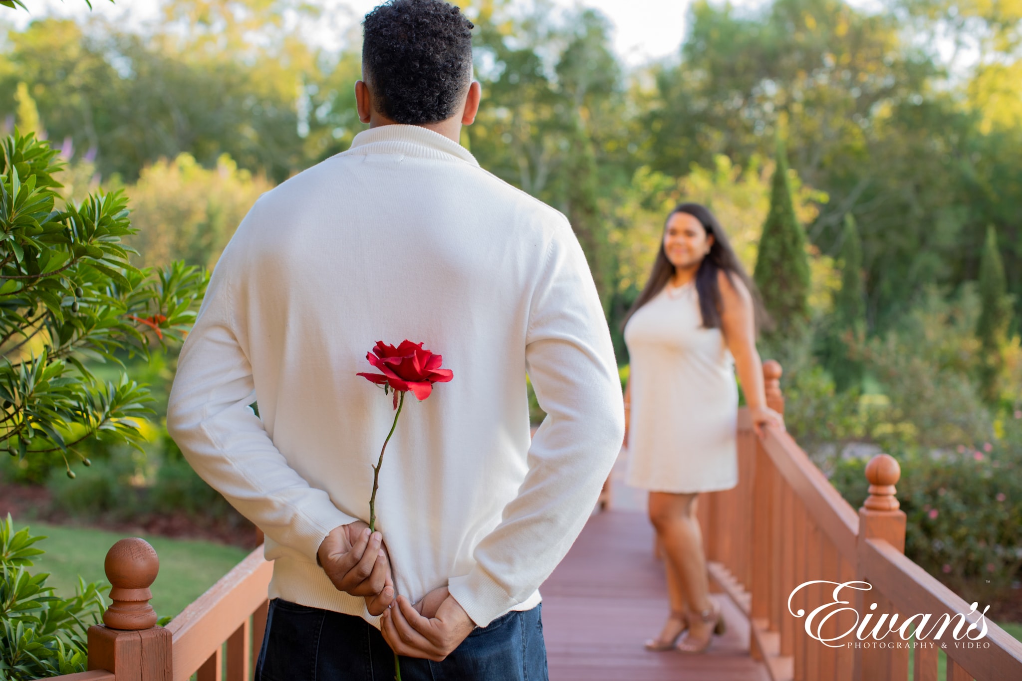 image of engaged couple with a red rose