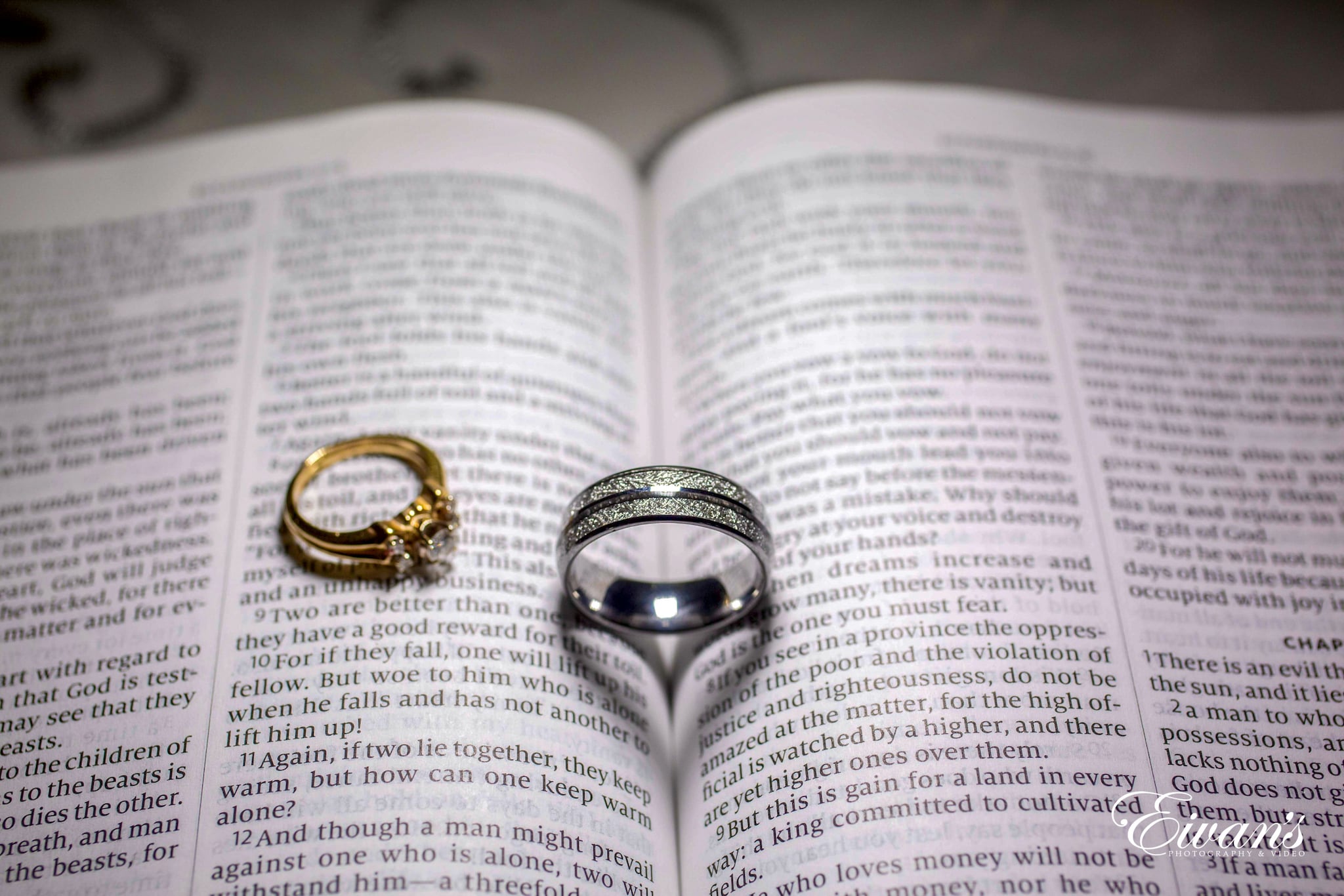 two wedding rings placed perfectly on bible