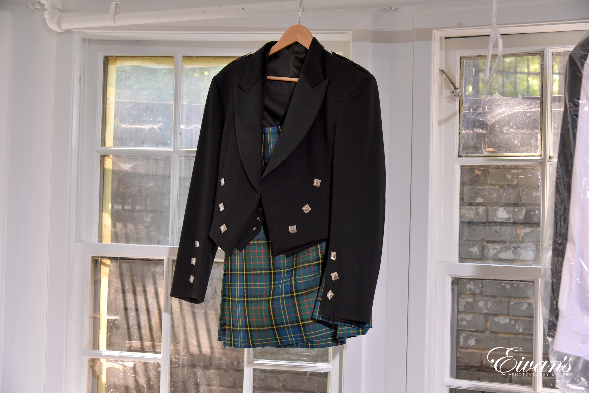 blue and white plaid coat