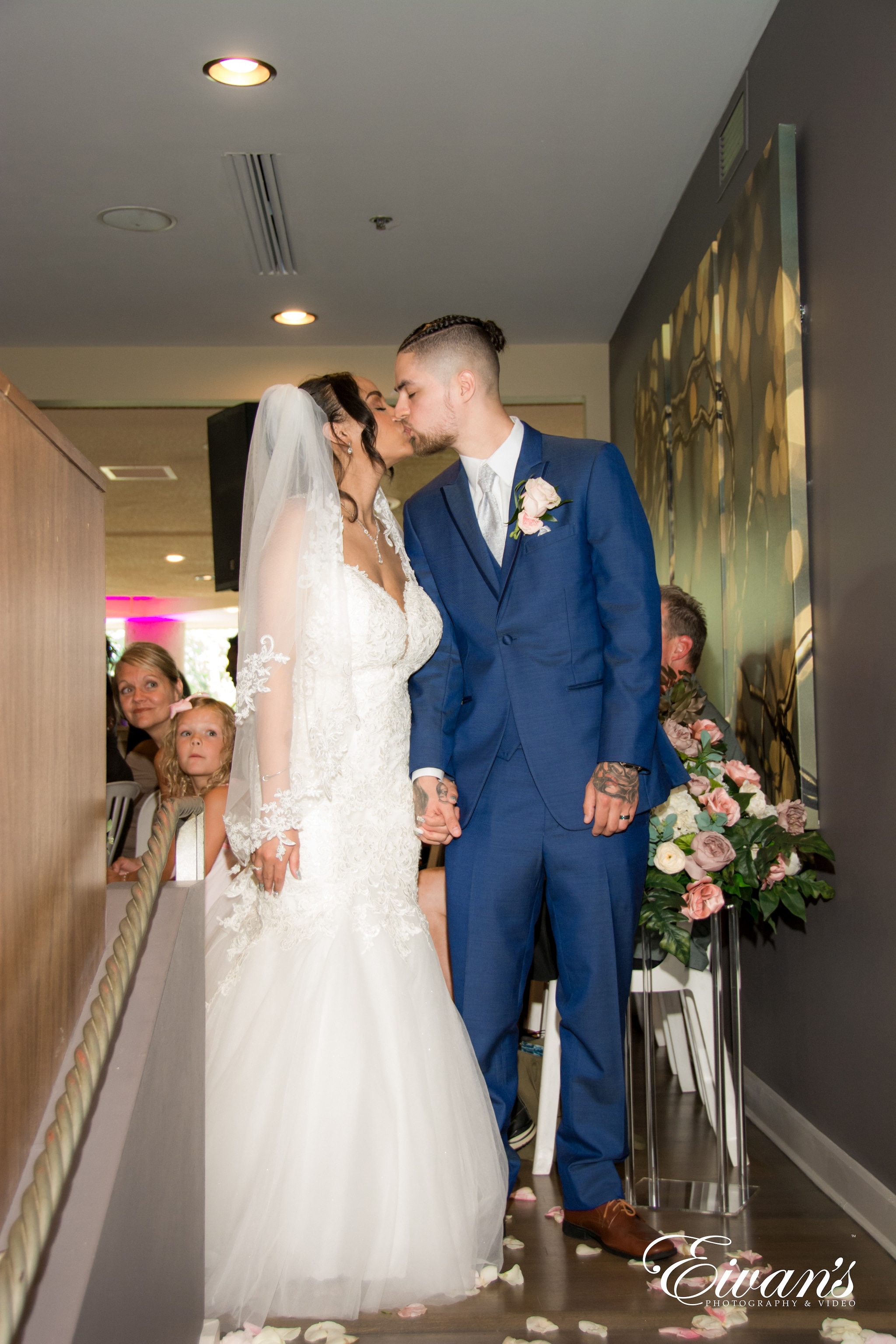 bride and groom in wedding dress