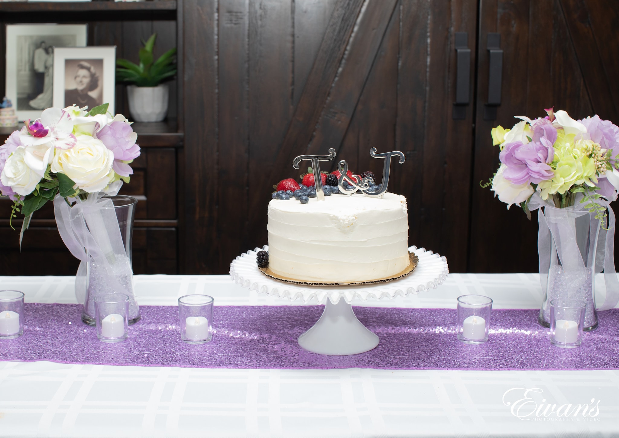 white and purple cake on table
